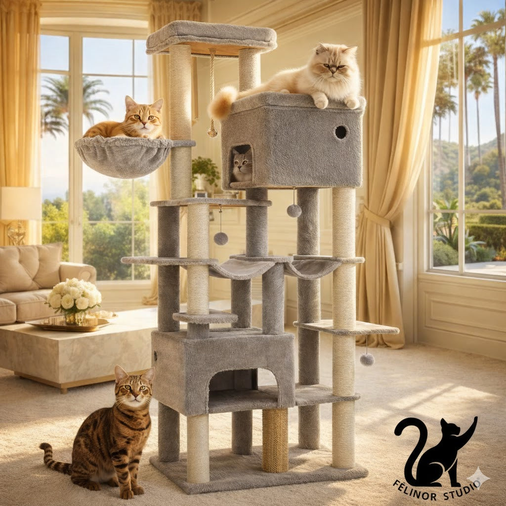 Arbre à Chat XXL Hzuaneri pour Grands Chats – 10 Poteaux Griffoir en Sisal, 2 Niches, 2 Hamacs, Plateforme Large, Panier et Brosse
