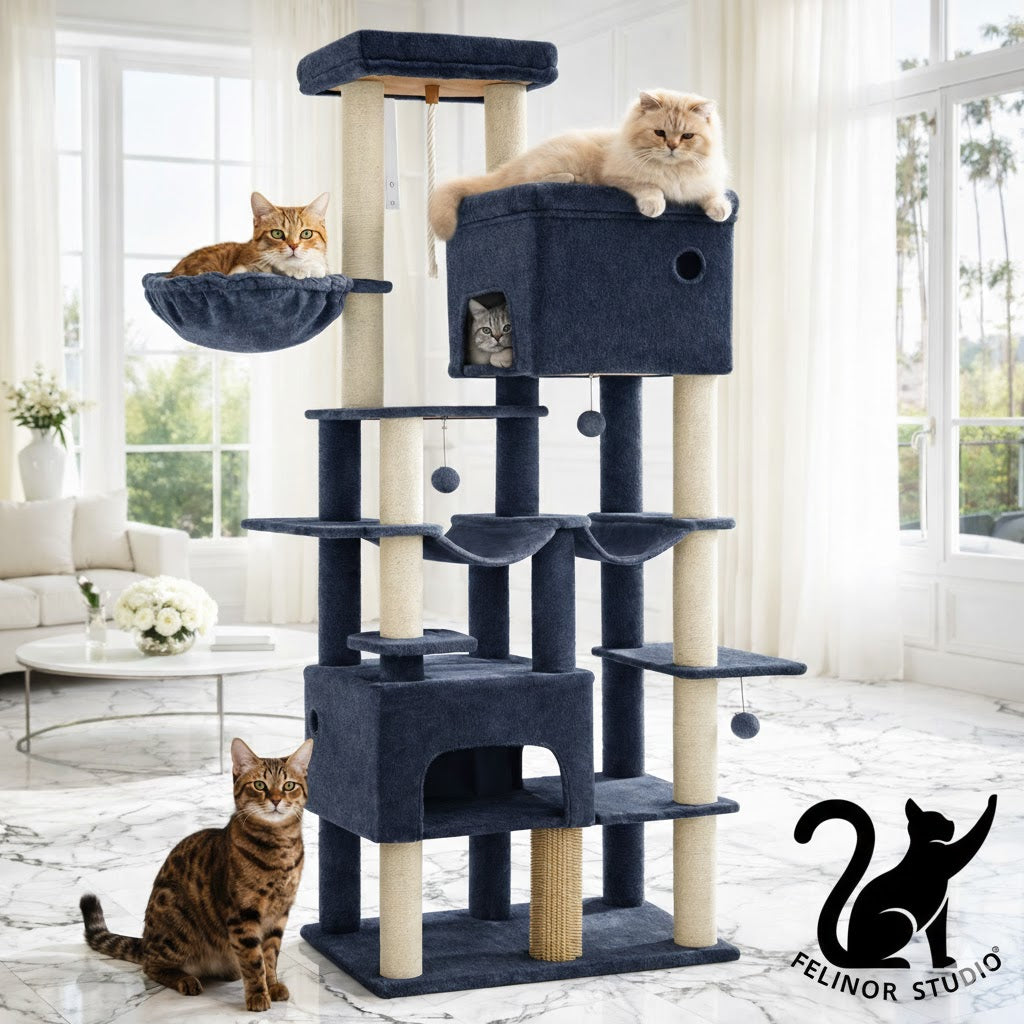Arbre à Chat XXL Hzuaneri pour Grands Chats – 10 Poteaux Griffoir en Sisal, 2 Niches, 2 Hamacs, Plateforme Large, Panier et Brosse