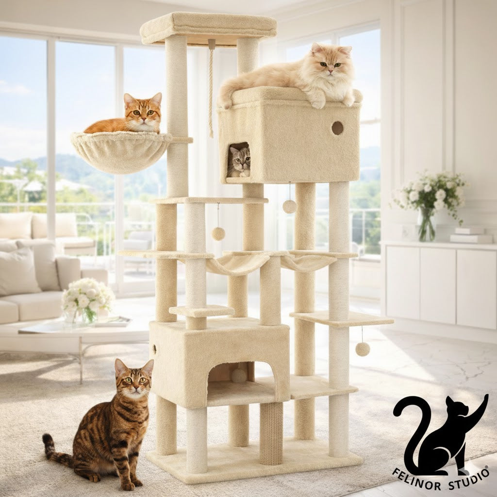 Arbre à Chat XXL Hzuaneri pour Grands Chats – 10 Poteaux Griffoir en Sisal, 2 Niches, 2 Hamacs, Plateforme Large, Panier et Brosse